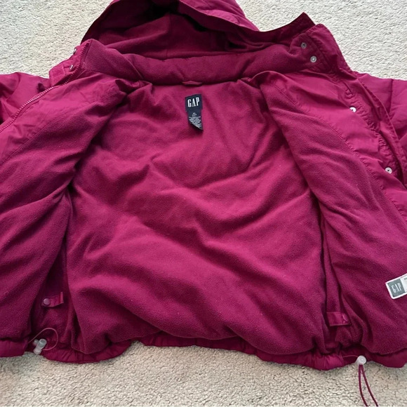 GAP Kids Girl Rose Pink Red Puffer Bomber Jacket Lined Removable Hood Size XL 12 - Picture 5 of 16